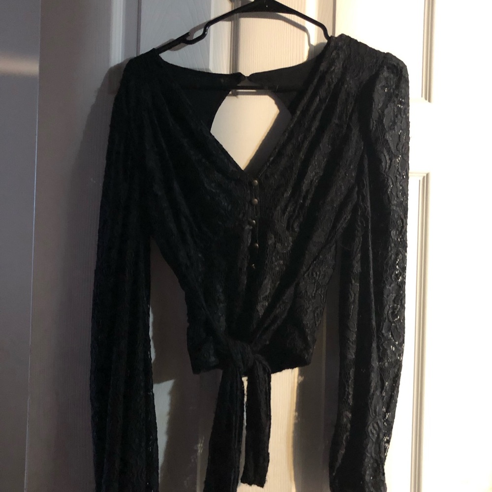 Anthropologie Black Lace Long-Sleeve Tie-Front Crop Top